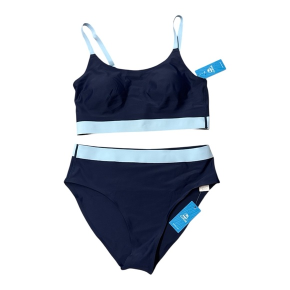 NWT Cupshe Ola de Verano Banded Mid-Rise  Navy and Light Blue Bikini Set - Picture 7 of 8
